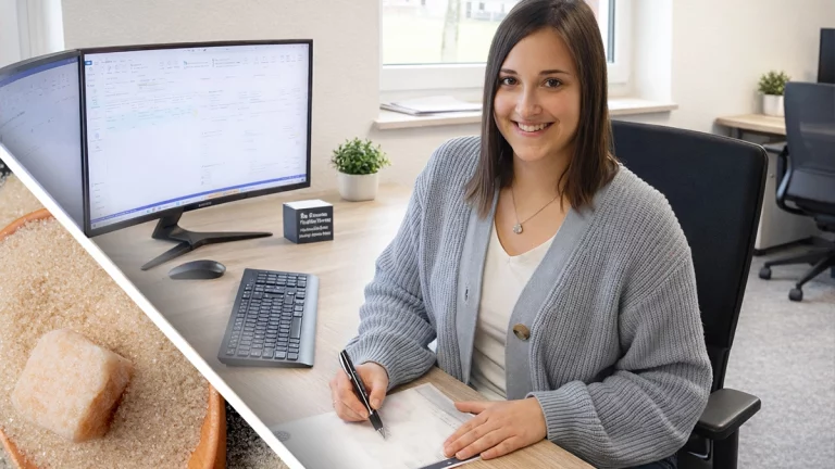 Kim sitzt im Büro und kontrolliert Bio-Mönchsfrucht.