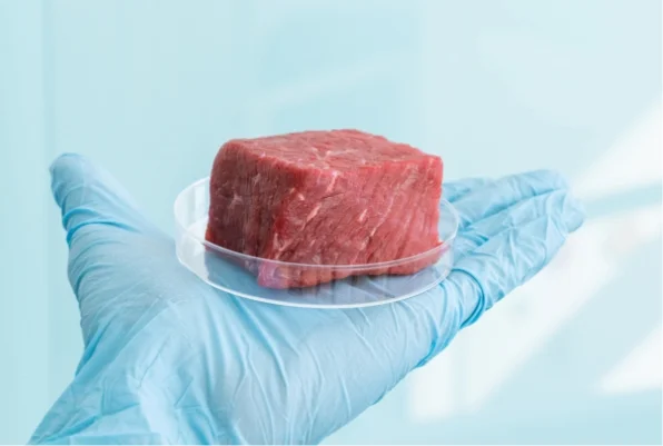 Ein Stück Fleisch mit Zusätze in der Hand eines Chemielaboranten